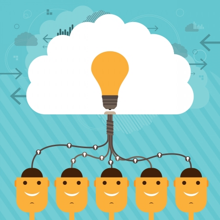 Illustration of human head figures connected to a collective large brain of idea のイラスト素材