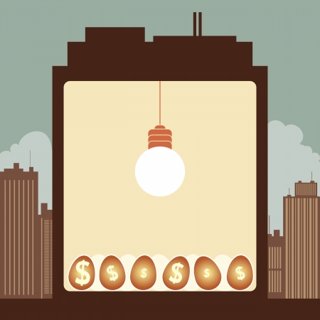 illustration of the inside of the building, a bright lightbulb nurturing dollar eggs.のイラスト素材
