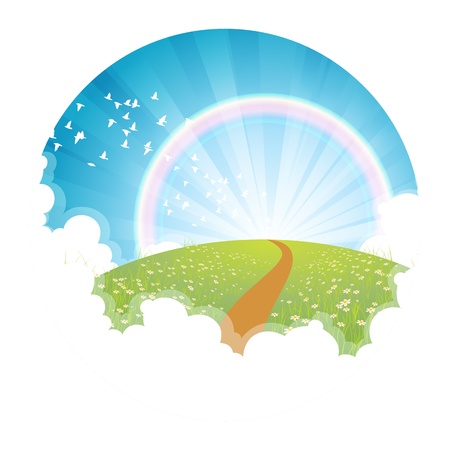 circle background of green lush summer or spring landscape on a bright clear day with a rainbow のイラスト素材