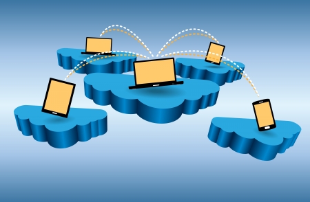 Vector illustration of several cloud-connected devices exchanging data のイラスト素材