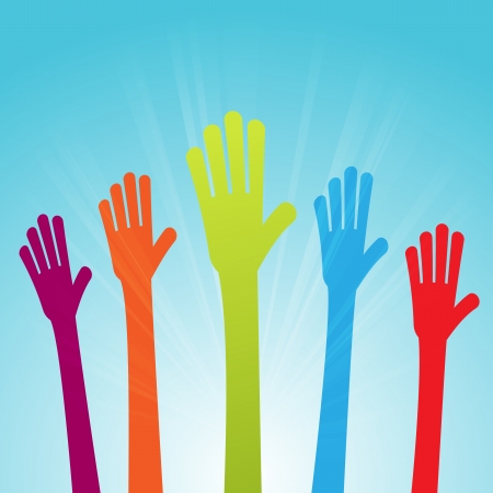 Vector illustration of colorful raised hands voicing colorful opinions.のイラスト素材