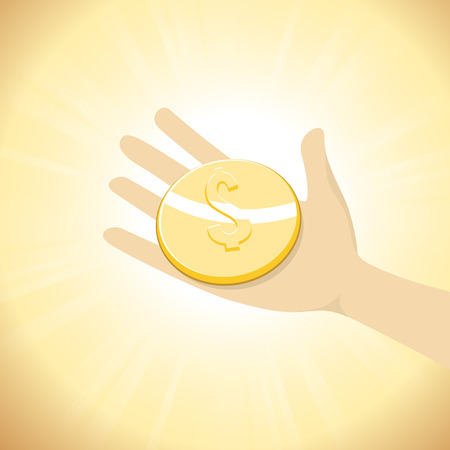 Vector illustration of dollar coin on a hand.のイラスト素材