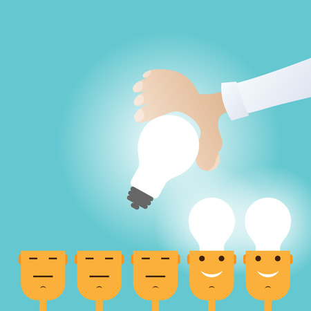 Vector conceptual illustration of a big hand implanting light bulbs to its subjects.のイラスト素材