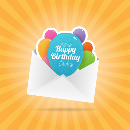 Vector illustration of birthday balloon cutout in an open white envelope.のイラスト素材