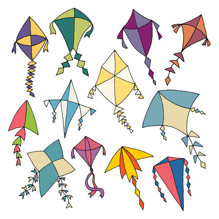 Vector illustration of various colorful hand drawn kite design elements.のイラスト素材