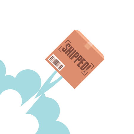 Vector cartoon illustration of package flying with a rocket blast.のイラスト素材