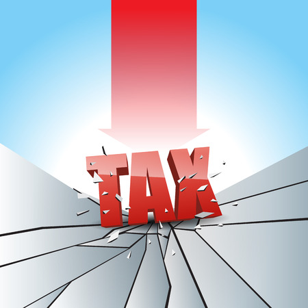 Vector illustration of tax text smashed to the breaking ground with red arrow.のイラスト素材