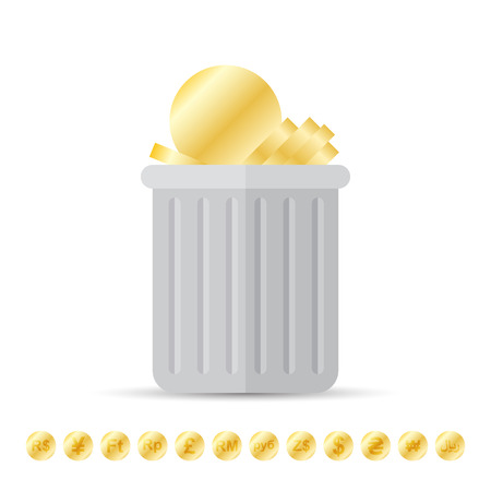 Vector illustration of gold coins thrown into the garbage can or trash. Additional various currencies are provided.のイラスト素材