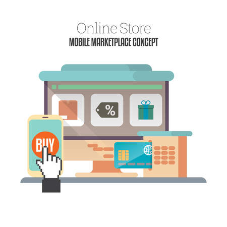 Vector flat cartoon illustration of online mobile store concept.のイラスト素材