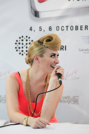 JAKARTA, INDONESIA - OCTOBER 04, 2013: Amy Renee Heidemann of Karmin, American duo at the press conference on 1st of The 6th LA Lights Java Soulnation Festival 2013 on October 4, 2013 in Jakarta, Indonesia.のeditorial素材