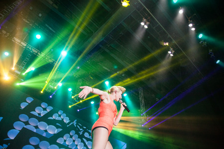 JAKARTA, INDONESIA - OCTOBER 4, 2013: American pop duo Karmin performs at the 6th LA Lights Java Soulnation Festival 2013 on October 4, 2013 in Jakarta, Indonesia.のeditorial素材