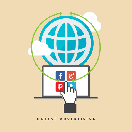 Vector illustration of online advertising concept with globe and laptop.のイラスト素材