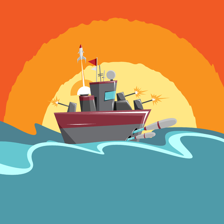 cartoon illustration of a warship firing all its weapons.のイラスト素材