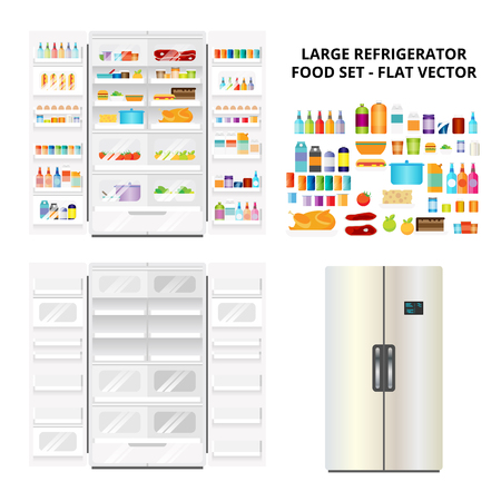 Vector illustration of open and closed refrigerator with food set.のイラスト素材