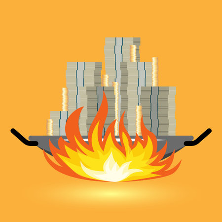 Banknotes and coins in a wok on fire vector illustration.のイラスト素材