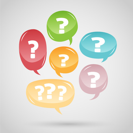 Vector illustration of several colorful talk bubbles with question marks.のイラスト素材