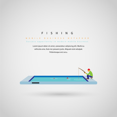 Vector illustration of man fishing on a smartphone screen.のイラスト素材