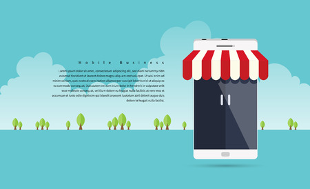 Vector illustration of a smartphone with store canopy and door illustrating mobile business.のイラスト素材