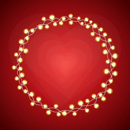Vector illustration of heart-shaped lightbulbs forming a circle frame.のイラスト素材