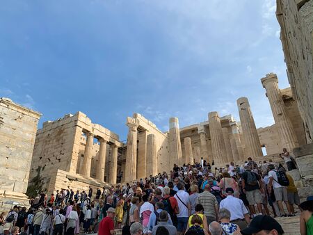 Acropolis of Athens, Athens, Greece - 10 October 2019: Acropolis of Athens is the ruins of iconic 5th-century B.C. temple complex on Athens' rocky hilltop undergoing restoration.のeditorial素材