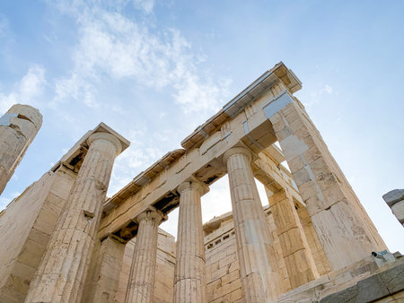 Acropolis of Athens, Athens, Greece - 10 October 2019: Acropolis of Athens is the ruins of iconic 5th-century B.C. temple complex on Athens' rocky hilltop undergoing restoration.のeditorial素材