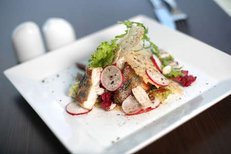 Marinated cod fillet with a slices of cheese chips and vegetables. Fish dish prepared on modern and innovative way.の写真素材