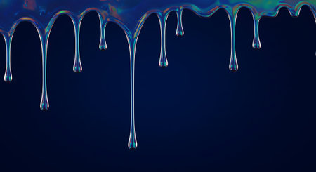 Close-up of viscous blue liquid with iridescent highlights, dripping and forming teardrop shapes against a dark background.の素材