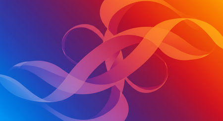 A dynamic abstract background featuring flowing, translucent swirls in a gradient of blue, purple, pink, and orange.の素材