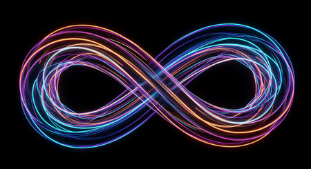 A vibrant infinity symbol glows against a stark black backdrop, representing concepts like eternity, limitlessness, and continuous flow with its mesmerizing light trails.の素材
