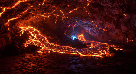 A mesmerizing view of a river of molten lava flowing through a volcanic cave, showcasing the raw power and beauty of nature's forces.の素材