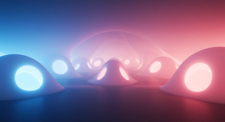 A surreal tunnel filled with glowing orbs emitting vibrant blue and pink neon light, creating an otherworldly atmosphere.の素材