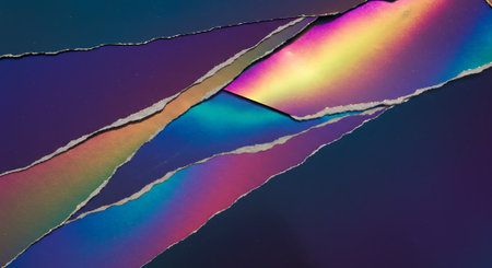 Close-up of torn paper with iridescent color gradients, creating an abstract and visually striking texture.の素材