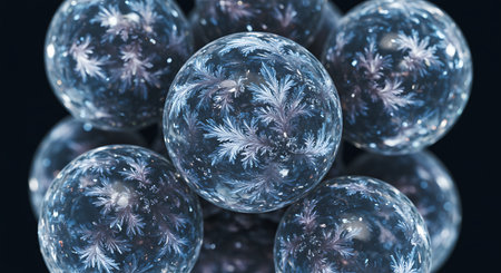 An abstract macro view of translucent blue spheres, each containing delicate, glowing, frost-like crystalline structures against a dark, mysterious background.の素材