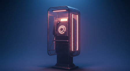 A 3D render of a futuristic high-tech machine or server. This sci-fi computer terminal features glowing orange neon lights and a circular interface, set against a dark blue background.の素材
