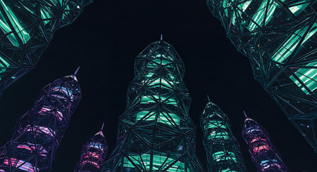 Looking up from below at a cluster of towering, abstract architectural structures glowing with mesmerizing green, blue, and purple lights in the deep darkness of night.の素材