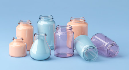 3d render of glass jars with different types of cream on blue backgroundの素材