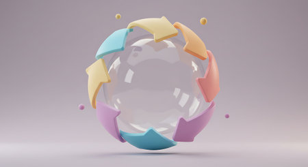 3d rendering of a crystal sphere with arrows in pastel colorsの素材