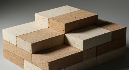 3d rendering of a pile of bricks on a gray background.の素材