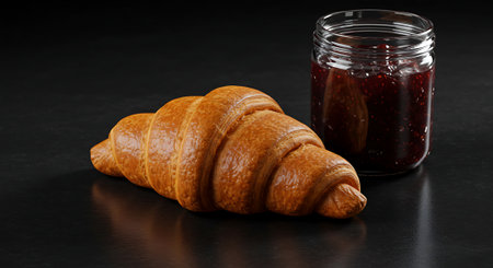 Freshly baked croissants with raspberry jam on a black backgroundの素材