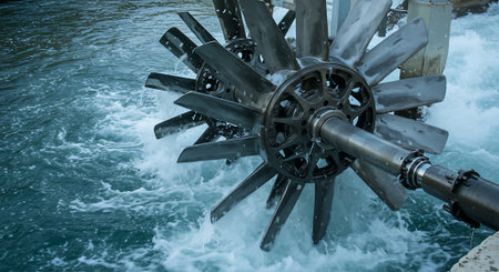 Water turbine on the water in the river, closeup of photoの素材