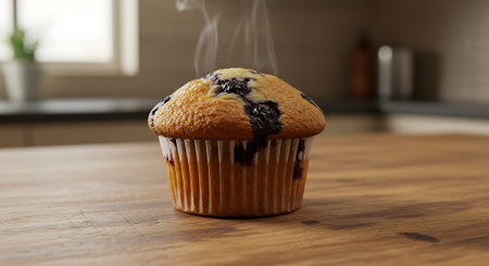 Delicious blueberry muffin on wooden table in kitchen, closeupの素材