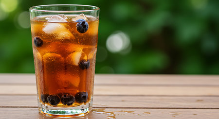 Iced tea with ice cubes and blueberries on wooden table outdoorsの素材
