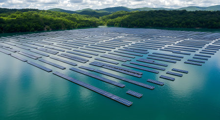 Solar panels on the water in the solar power plant, aerial viewの素材