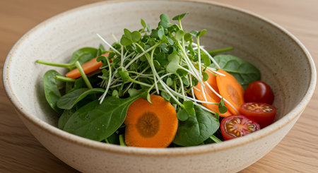 Fresh salad with carrot, arugula and tomato on wooden tableの素材