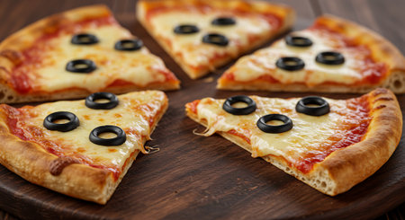 Slices of pizza with olives on a wooden background.の素材
