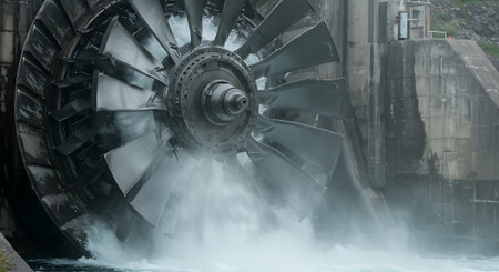 Water turbine on a hydroelectric power plant, close-up.の素材