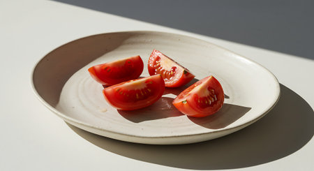 Tomato slices on a plate on a white background with shadow.の素材