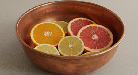 Orange, lemon and grapefruit in a copper bowl on a gray backgroundの素材