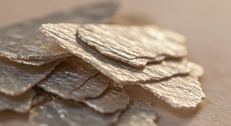 Close-up view of a stack of silver foil on a light backgroundの素材