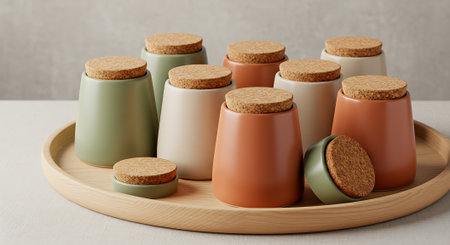 3d rendering of glass jars on a wooden tray in front of a concrete wallの素材